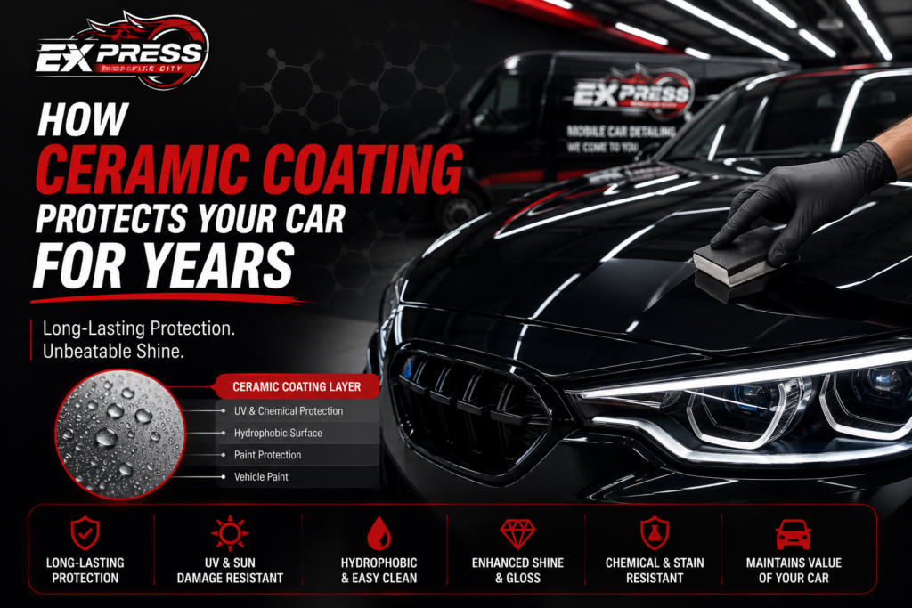 Professional ceramic coating application on a black luxury car showing long-lasting paint protection and high gloss finish