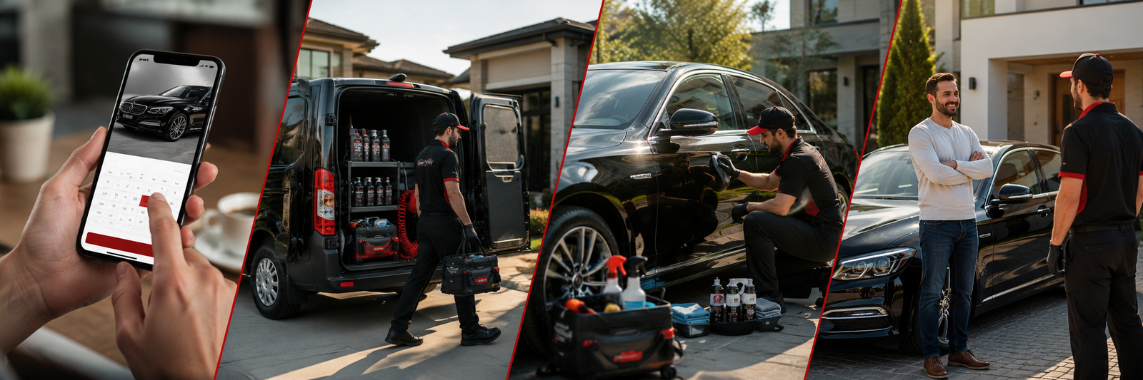 Mobile car detailing process showing four steps from booking to completion