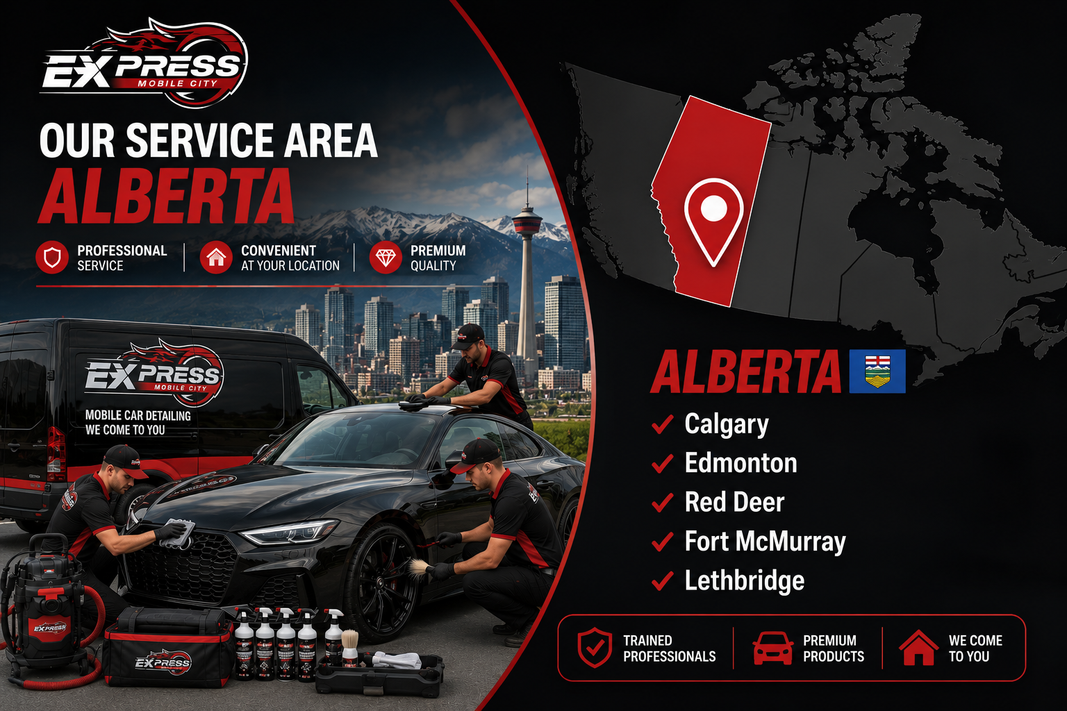 Professional mobile car detailing service in Alberta with luxury vehicle, detailing technicians, branded service van, and Alberta service coverage map