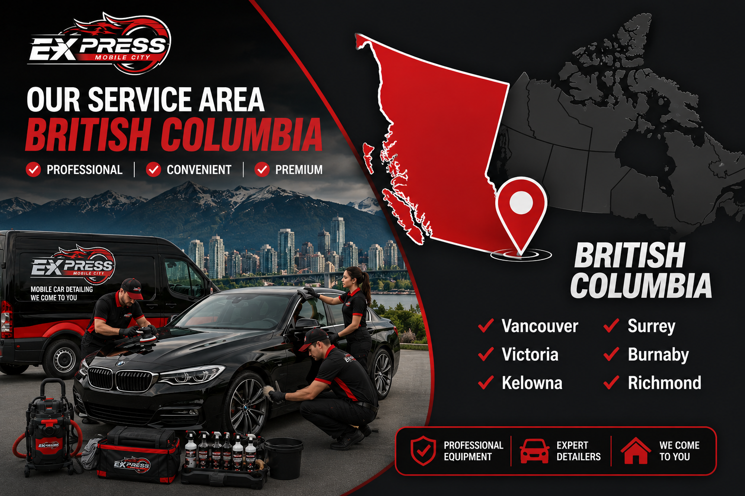 Professional mobile car detailing service area in British Columbia with luxury vehicle, detailing team, and branded service van