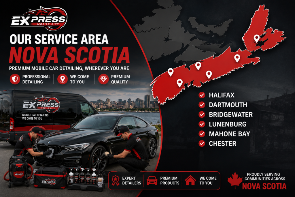 Professional mobile car detailing service in Nova Scotia with luxury vehicle, detailing technicians, branded van, and Nova Scotia service area map