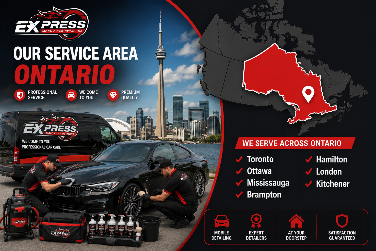 Professional mobile car detailing service in Ontario with luxury vehicle, detailing technicians, branded van, and Ontario service coverage map