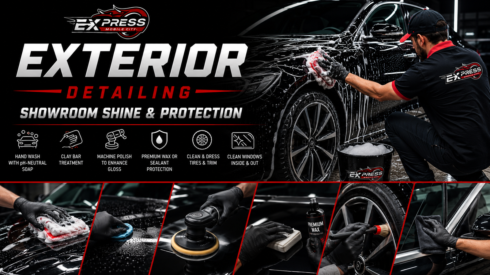 Professional exterior car detailing hand wash process with pH-neutral soap and microfiber