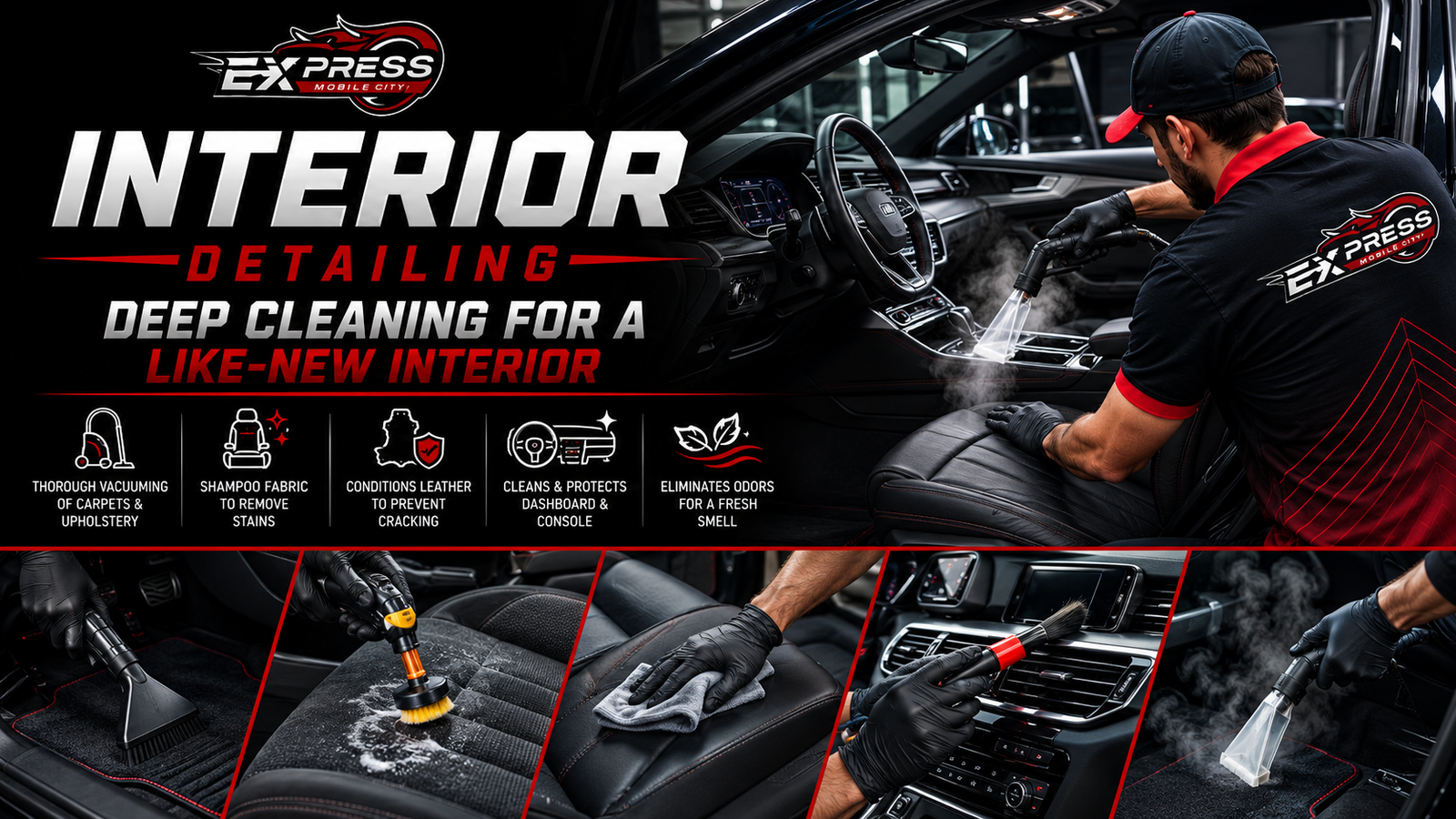 Professional interior car detailing showing leather seat cleaning and conditioning process