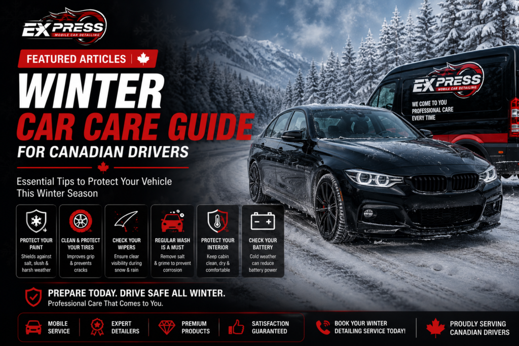 Winter car care guide for Canadian drivers showing a black luxury vehicle in snowy weather with professional mobile detailing service