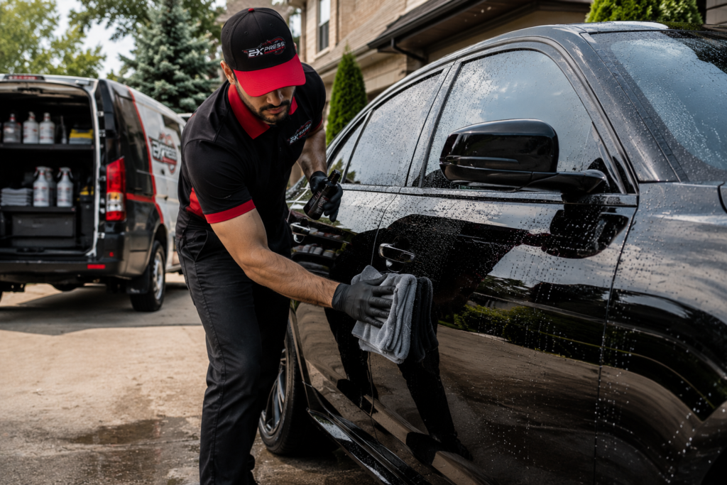 Professional mobile ceramic coating technician enhancing gloss and ceramic protection on a black luxury vehicle at a customer location
