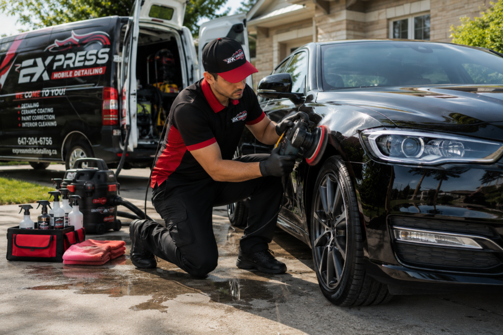 Professional car detailing service technician machine polishing a luxury black vehicle at a customer home in Canada