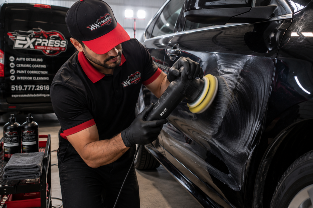 Professional paint correction technician removing swirl marks from black vehicle paint using machine polishing equipment