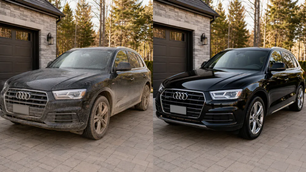 Before and after mobile exterior detailing of a black Audi Q5 in a residential driveway — before