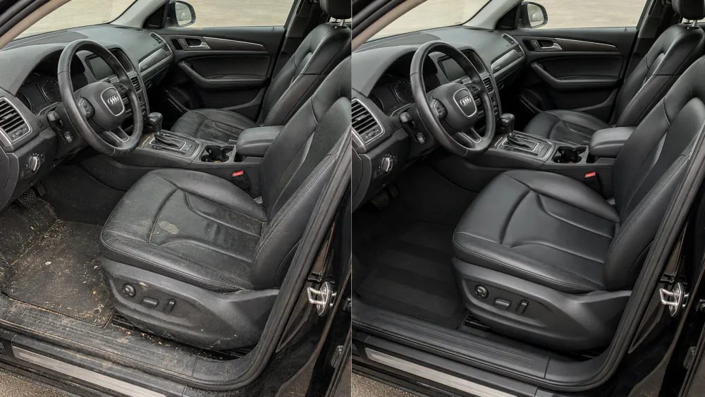 Before and after interior detailing of an Audi Q5 front seat, carpet and door sill — before
