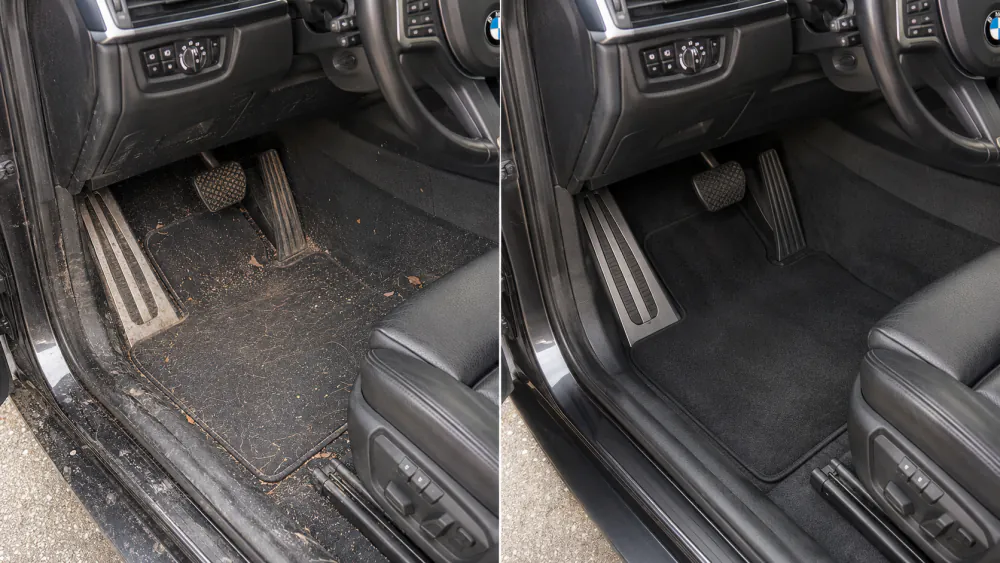 Before and after carpet and floor mat cleaning in a BMW driver footwell — before
