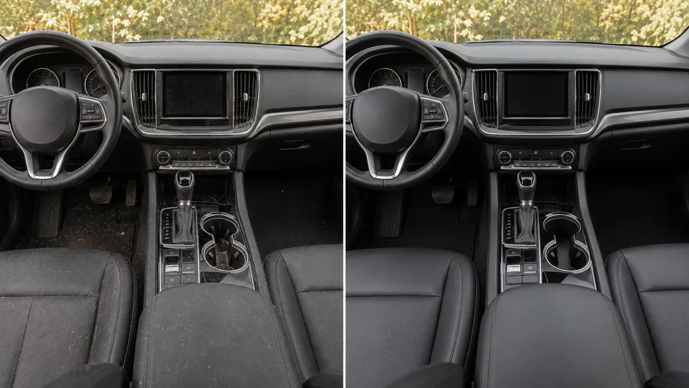 Before and after mobile interior detailing of a sedan dashboard, centre console and cup holders — before