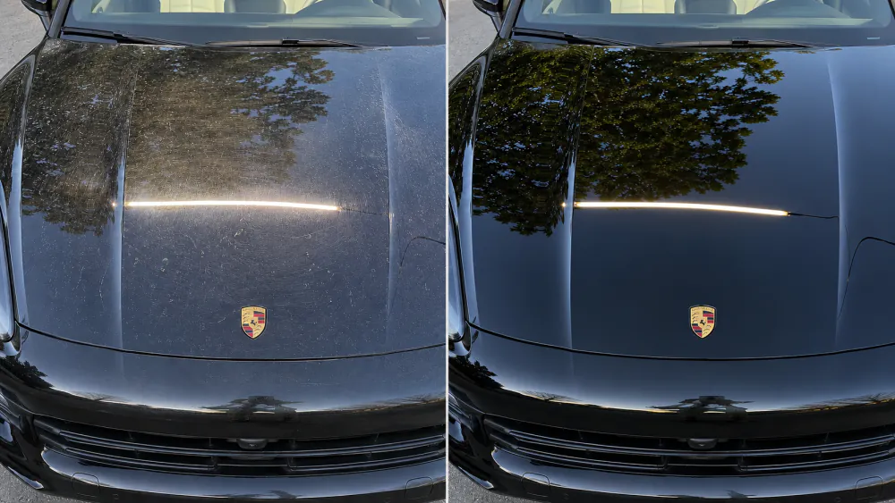Before and after paint correction on a Porsche bonnet showing swirl marks removed — before