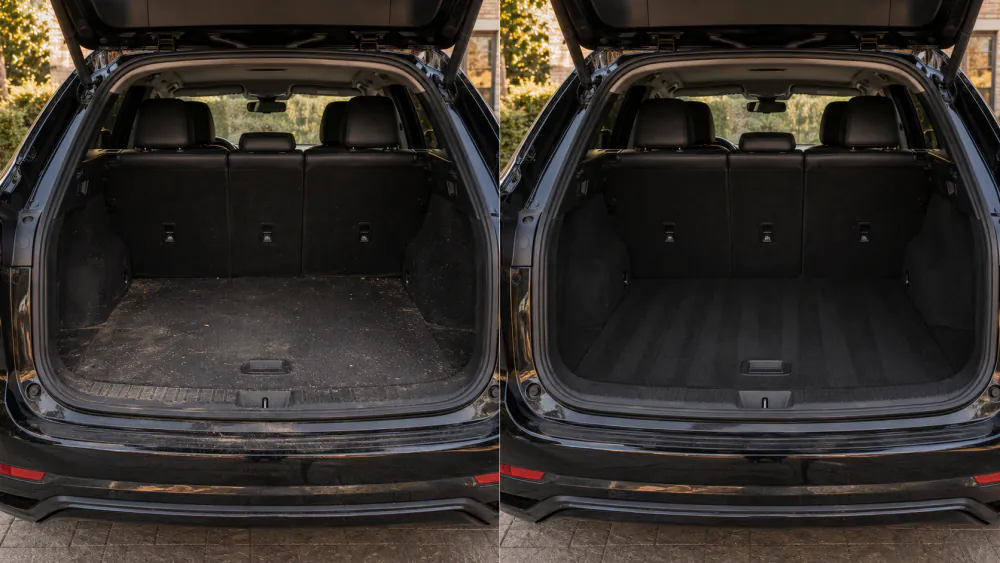 Before and after interior detailing of an SUV cargo area and boot carpet — before