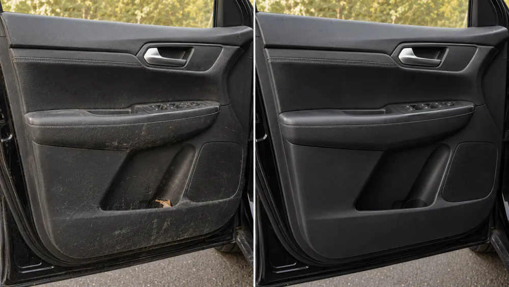 Before and after interior detailing of an SUV door panel, armrest and speaker grille — before