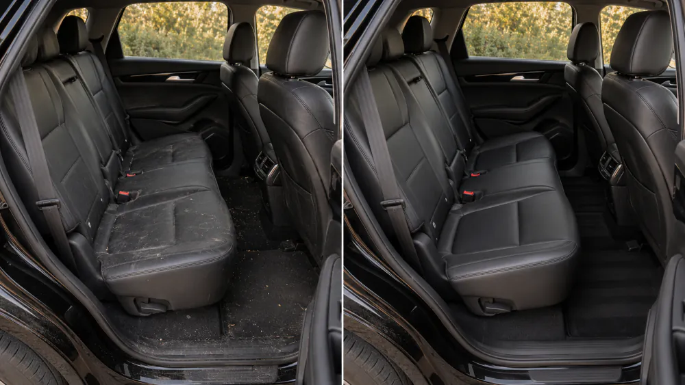 Before and after interior detailing of SUV second-row leather seats and carpet — before