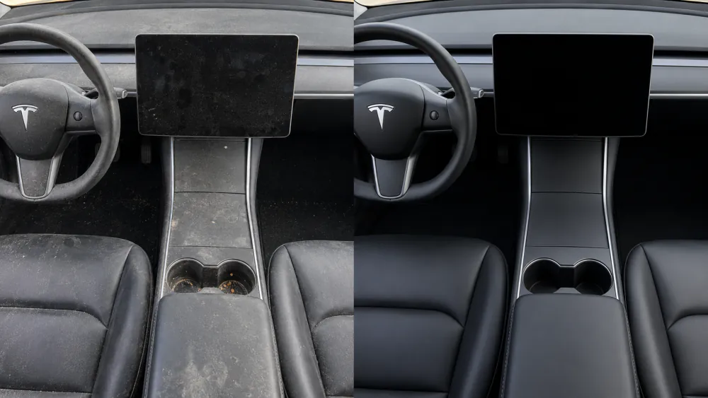 Before and after mobile interior detailing of a Tesla Model 3 centre console and touchscreen — before