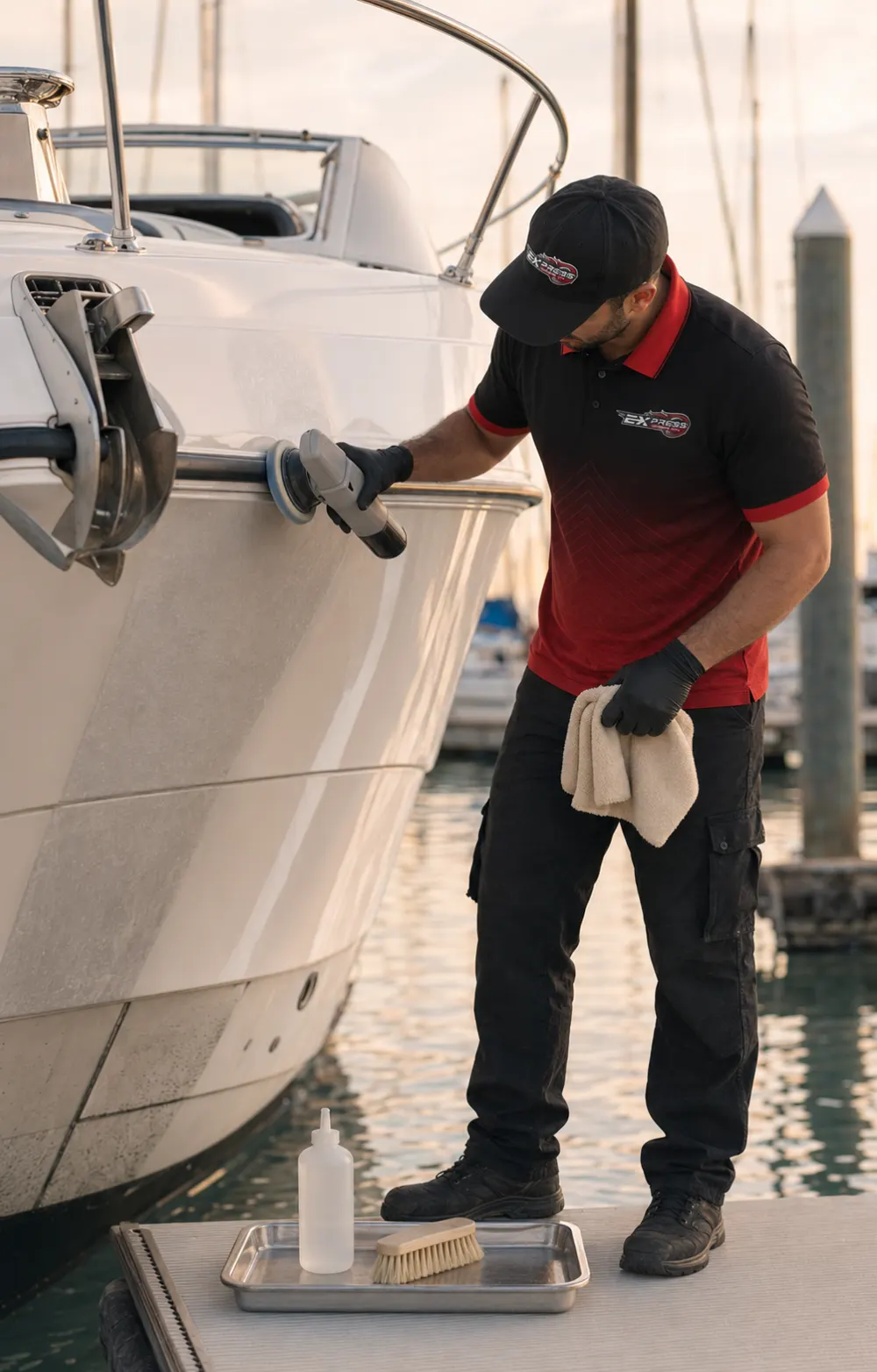 Technician washing a boat hull at the dock