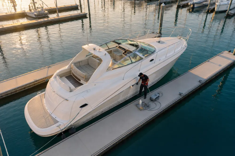 A boat moored on the water ready for detailing
