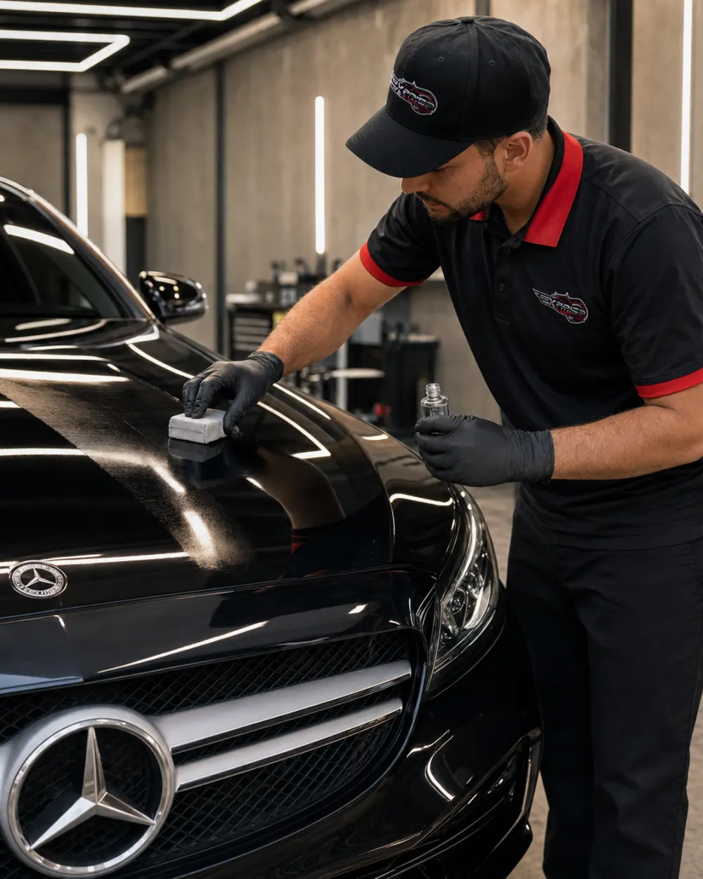 Technician applying ceramic coating to a black car bonnet