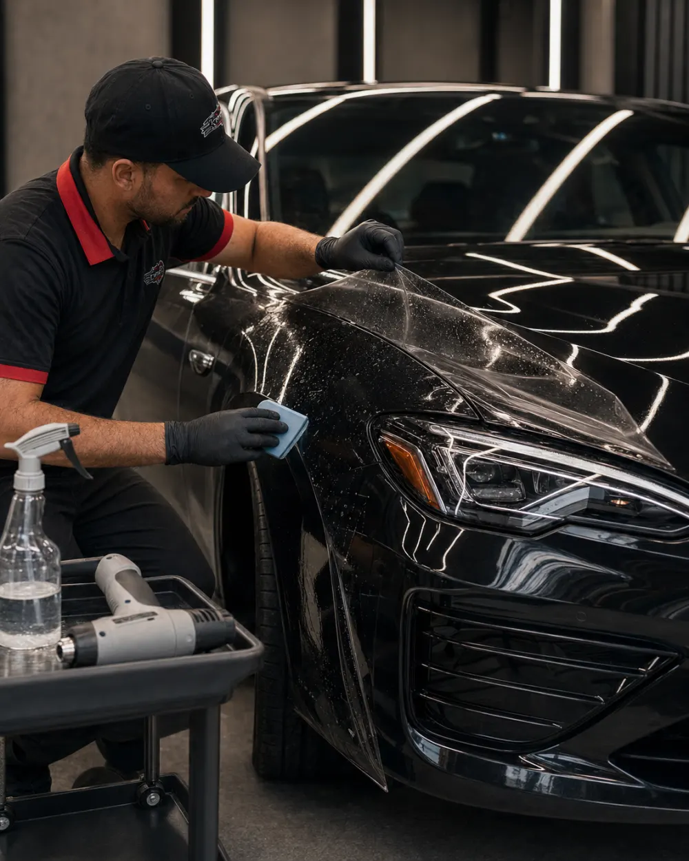 Technician hand-working the front end of a black car on a driveway