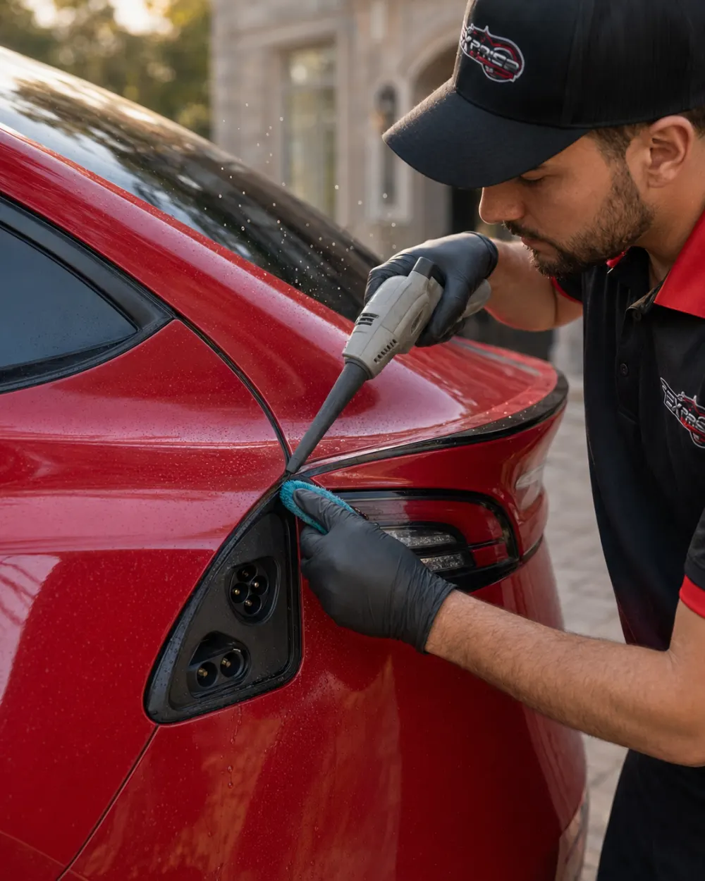 Technician foam-washing a red car on a driveway