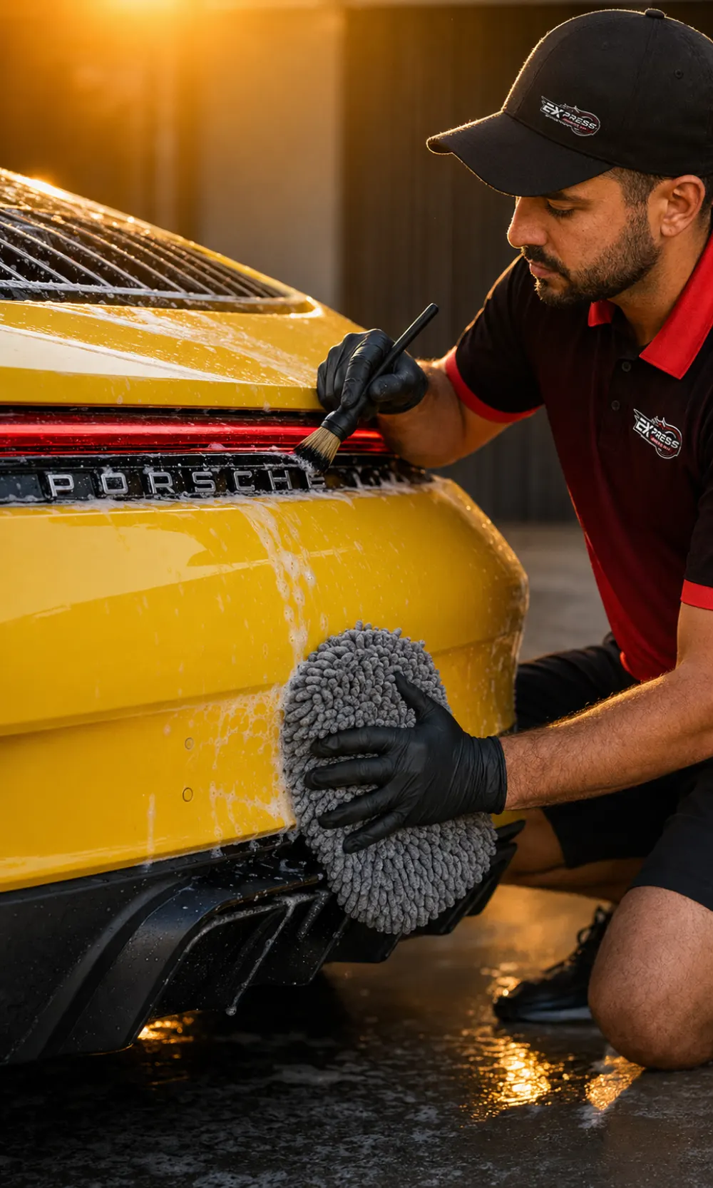 Technician hand-washing a sports car with a detailing brush