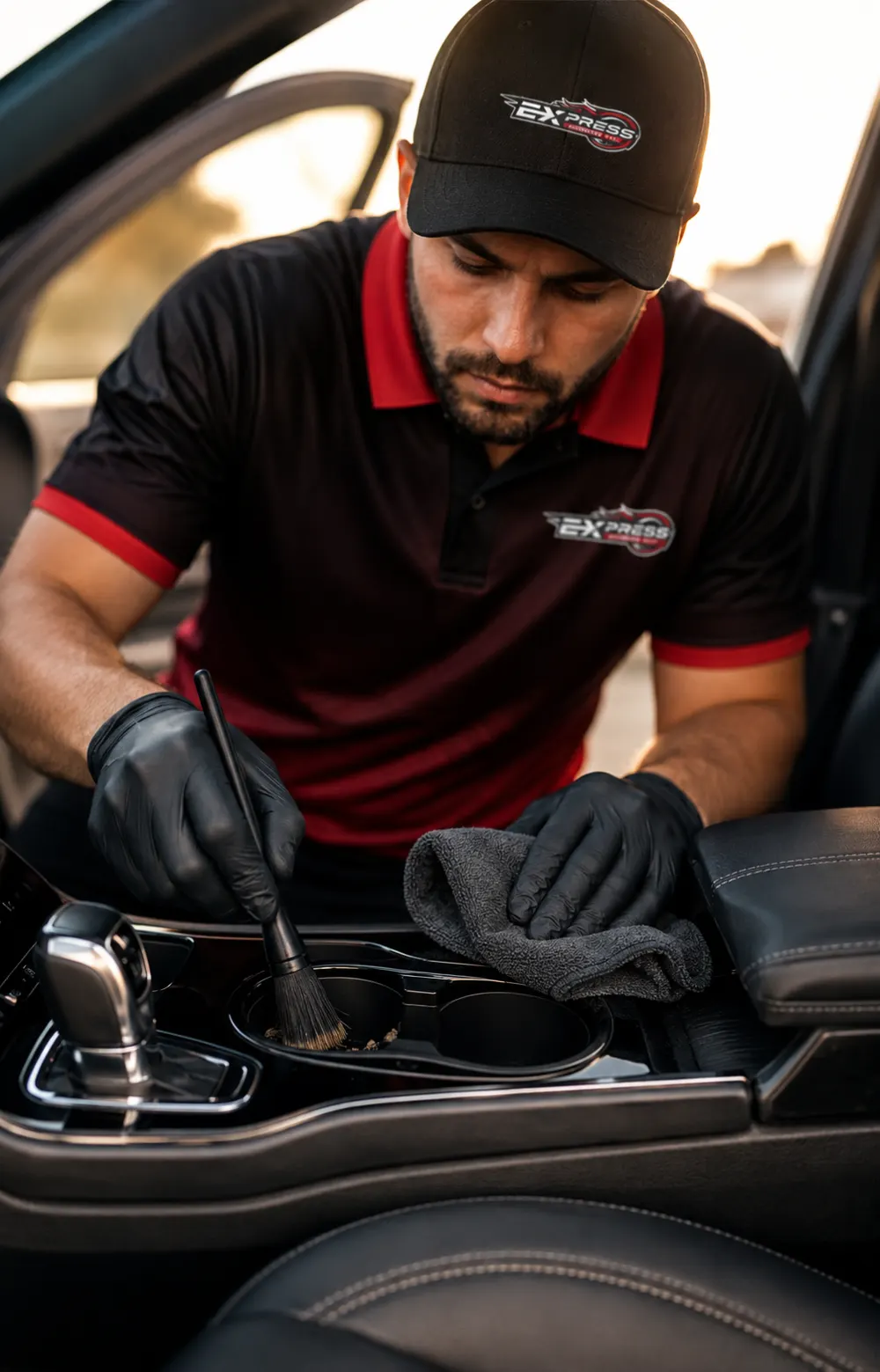 Technician detailing a car interior console
