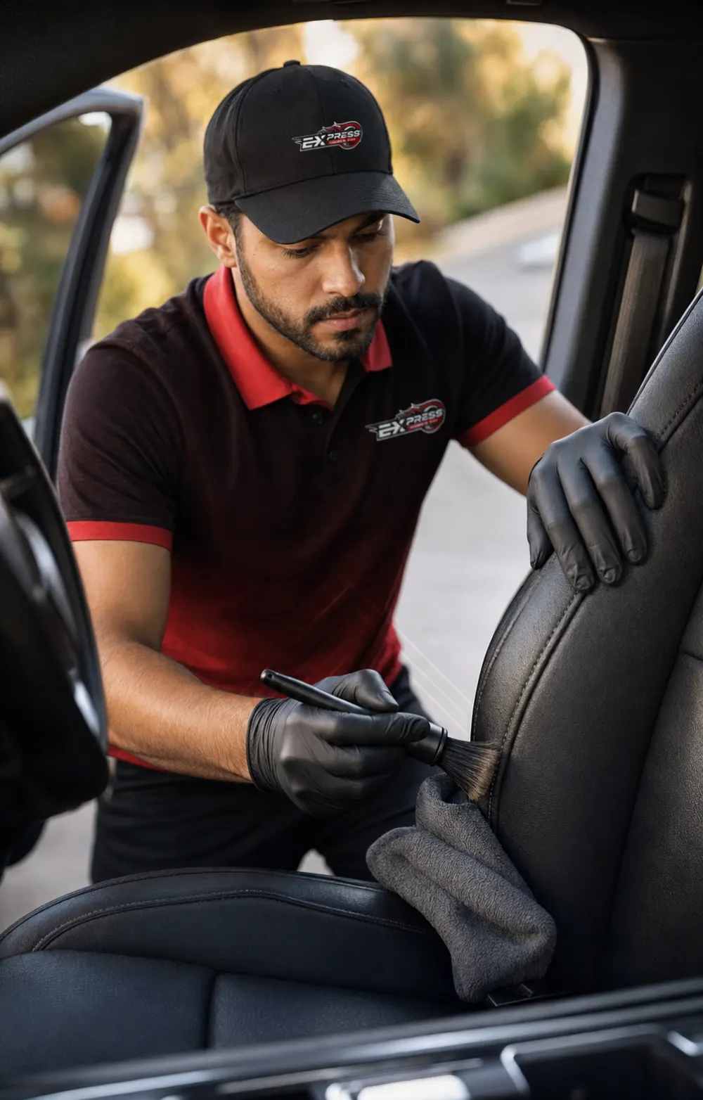 Technician deep-cleaning a car seat with extraction equipment