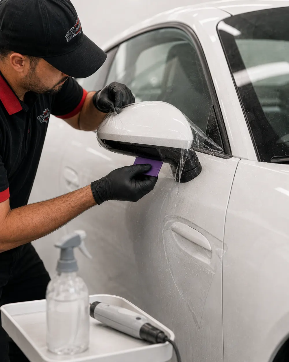 Technician squeegeeing paint protection film onto a white car
