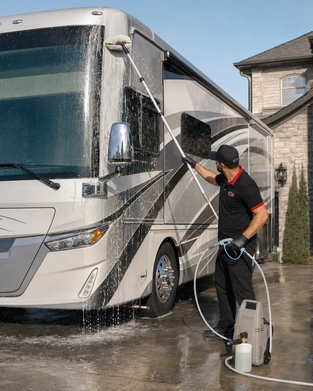 Technician washing the exterior of a large motorhome