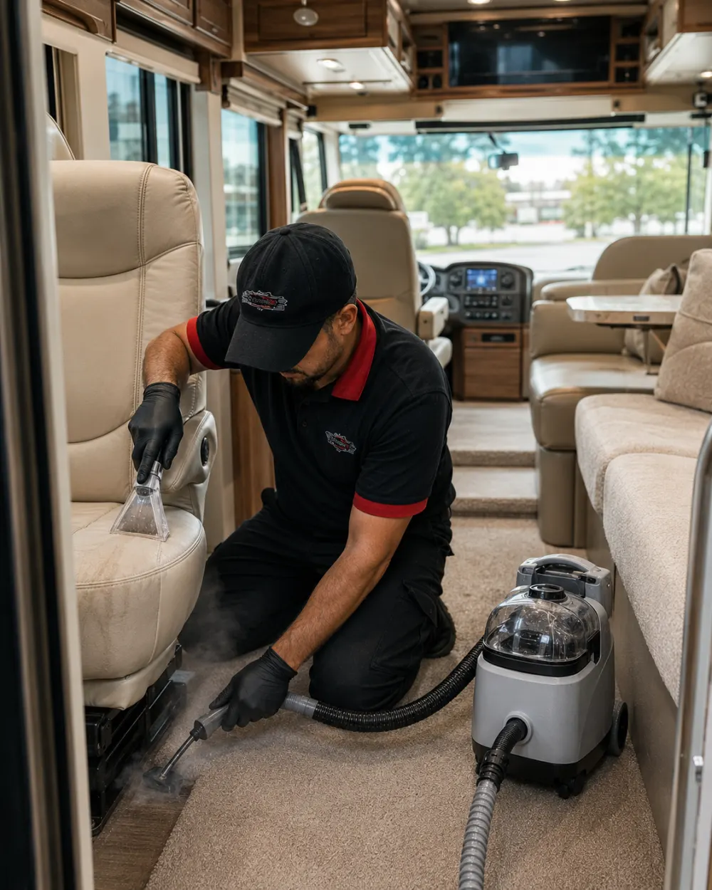Clean RV lounge interior after a mobile detail