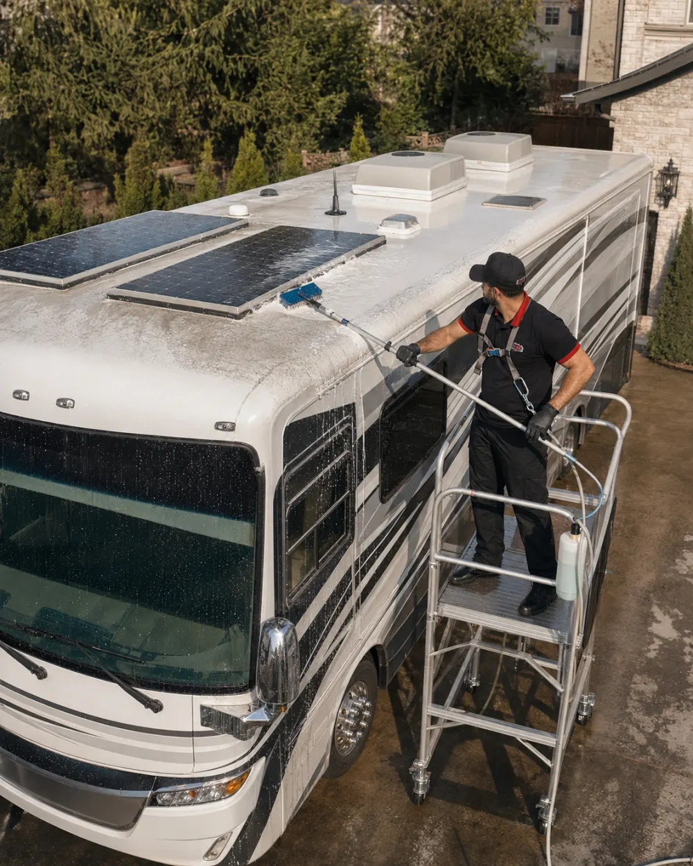 Technician detailing the roofline of a motorhome