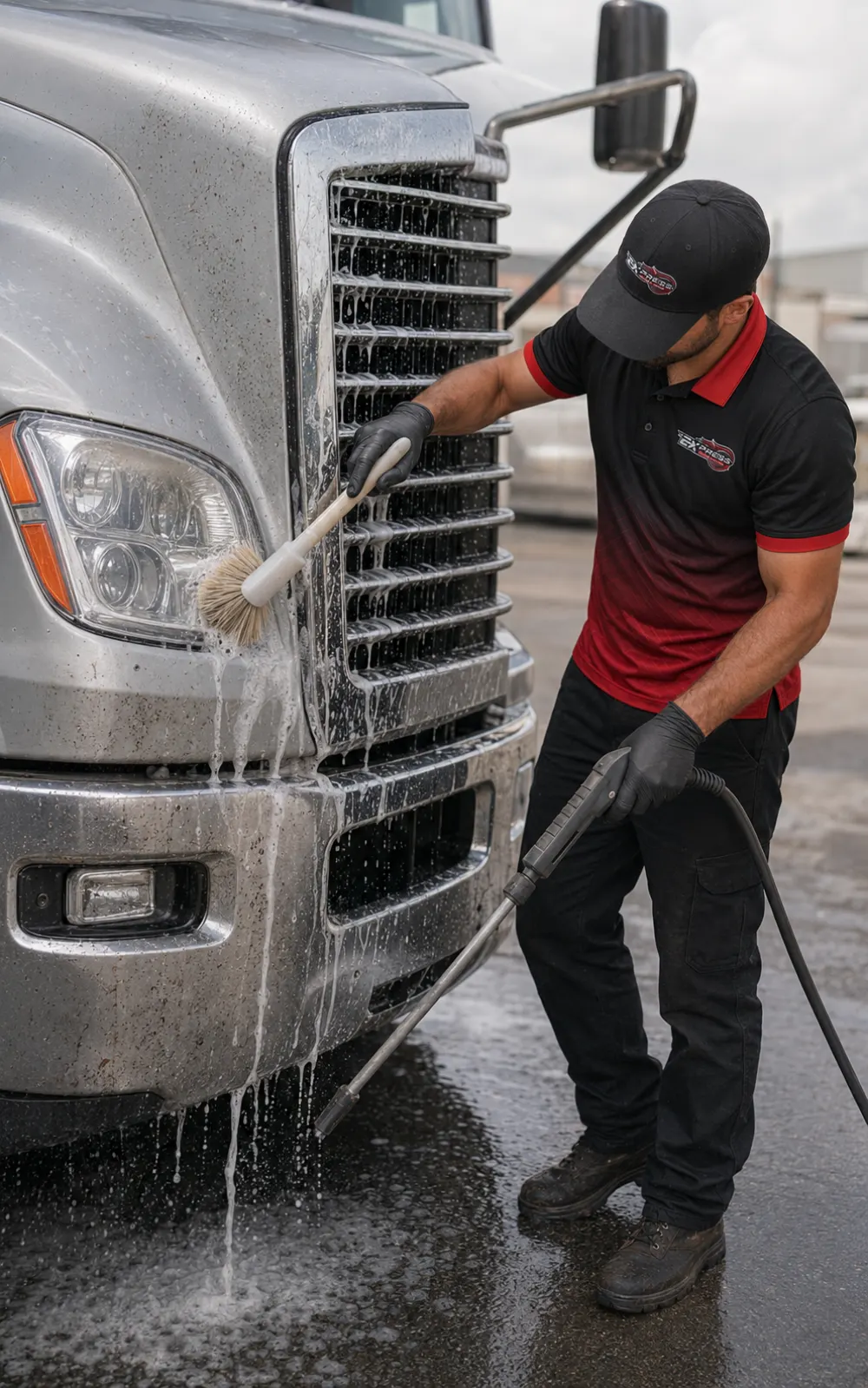 Technician pressure-washing the front of a commercial truck