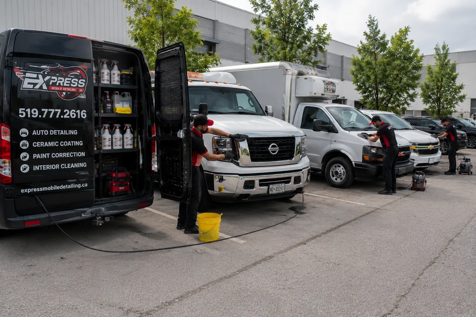 Mobile fleet detailing team cleaning multiple commercial vans and service vehicles at a business facility in Canada