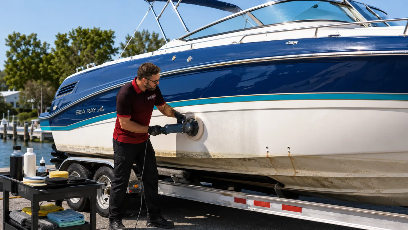 mobile boat detailing — Machine polishing the gelcoat on a boat hull