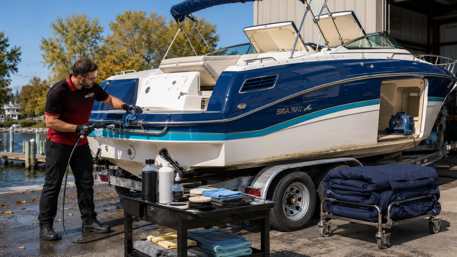 Pressure washing the hull of a boat on a trailer by the water