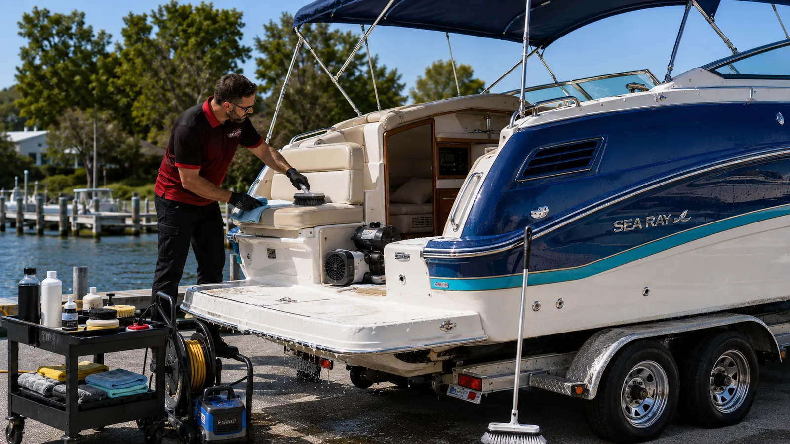 A boat on its trailer being washed by a technician