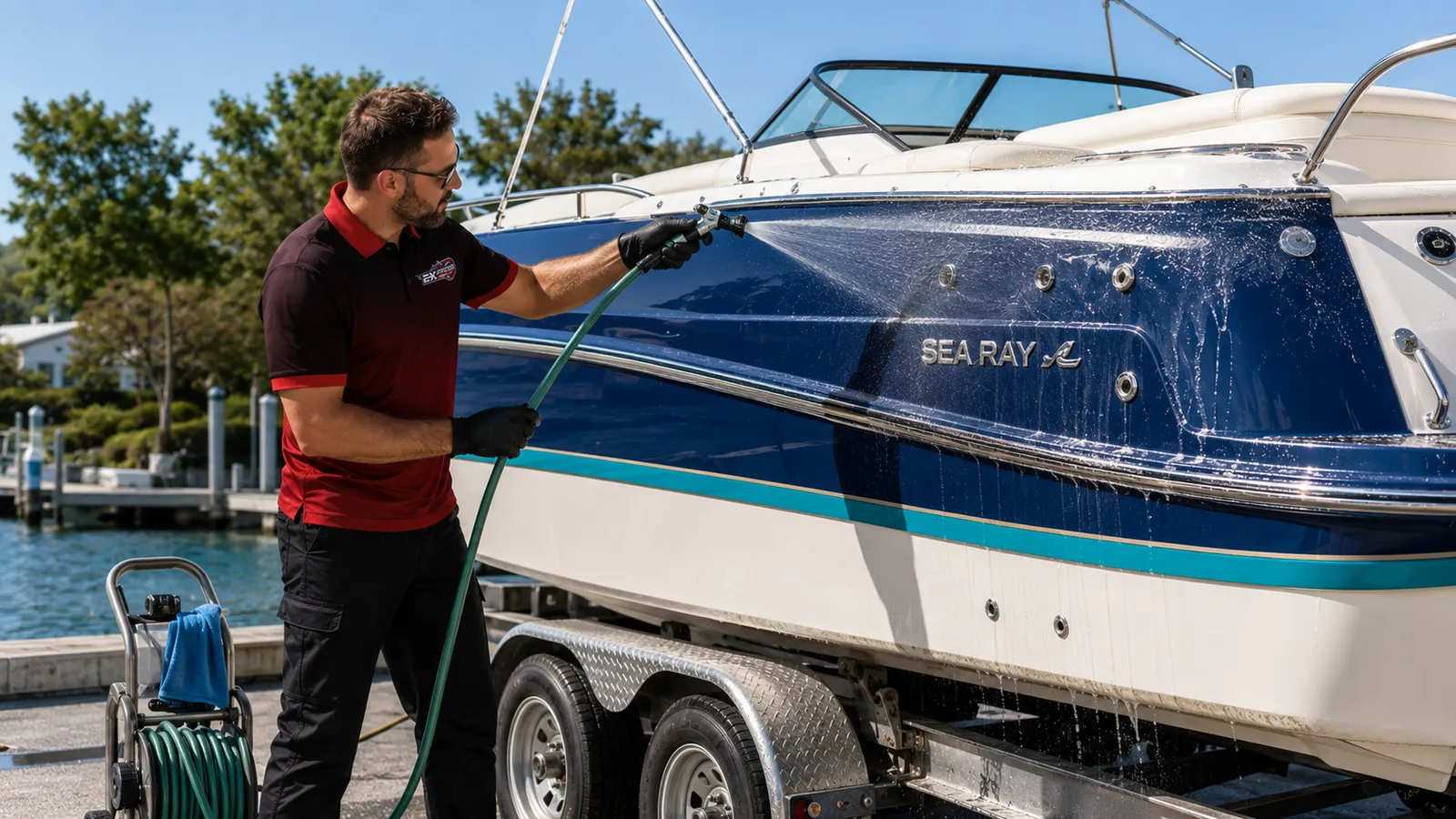 A technician washing the topsides of a boat beside the dock