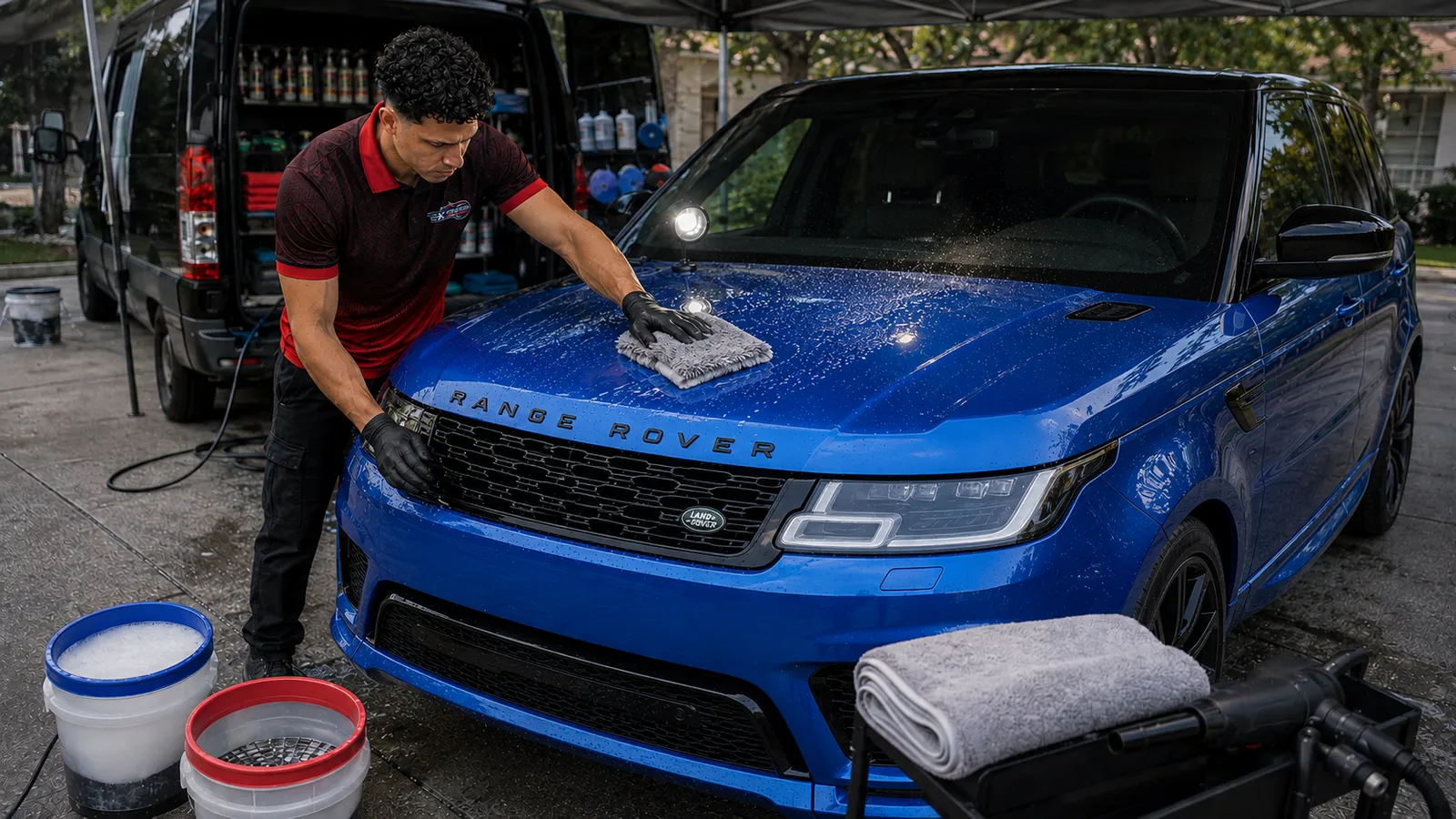 The front of a blue SUV during a two-bucket hand wash