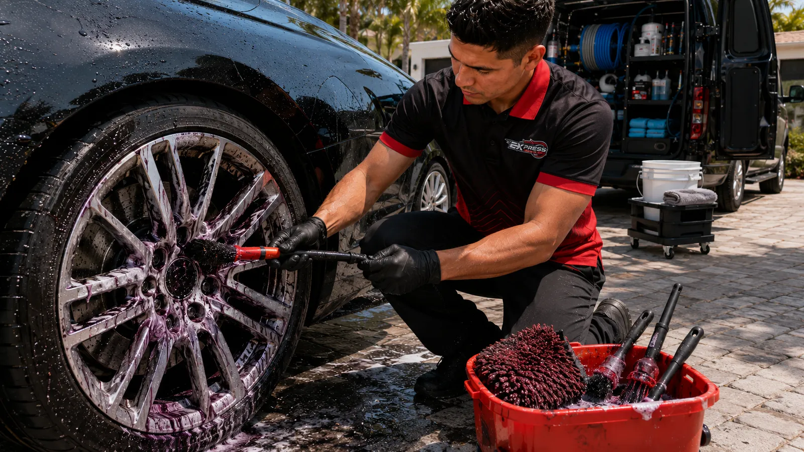 A technician cleaning a wheel face with a detailing brush