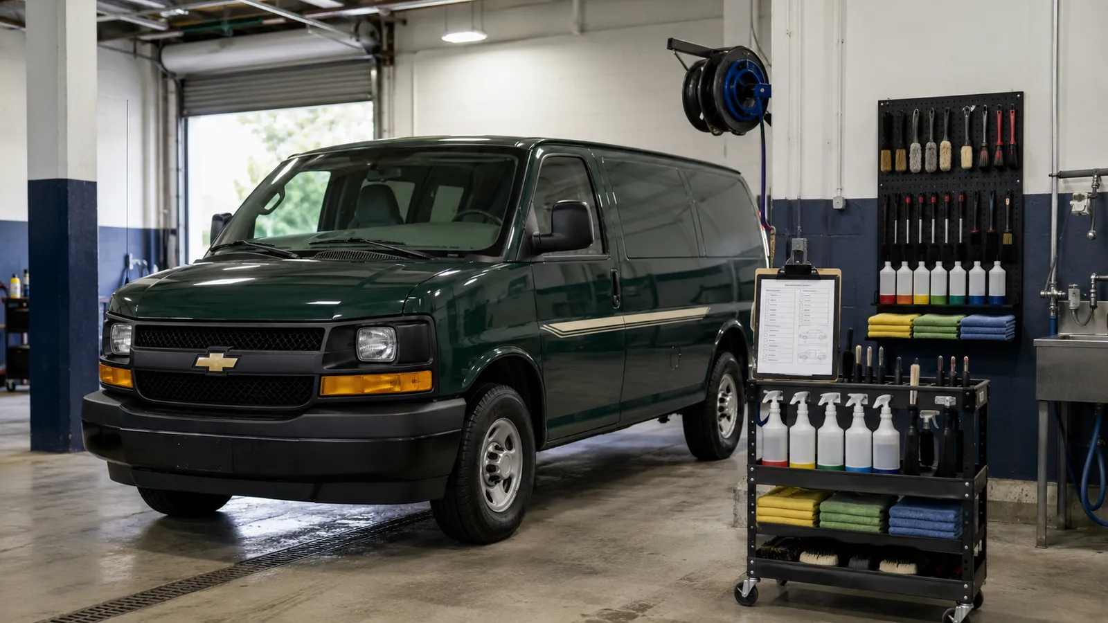 A black service van parked in a bay beside detailing equipment and product shelving