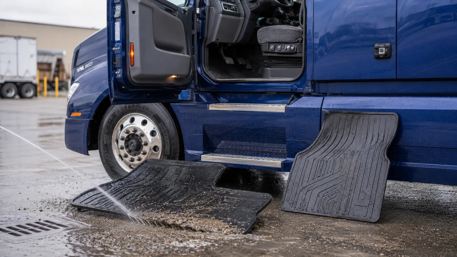 Floor mats laid out beside a blue commercial van during a fleet clean