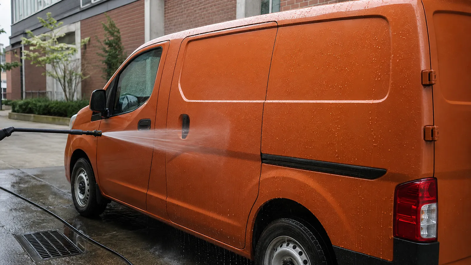 The rear doors of an orange commercial van after a fleet detail