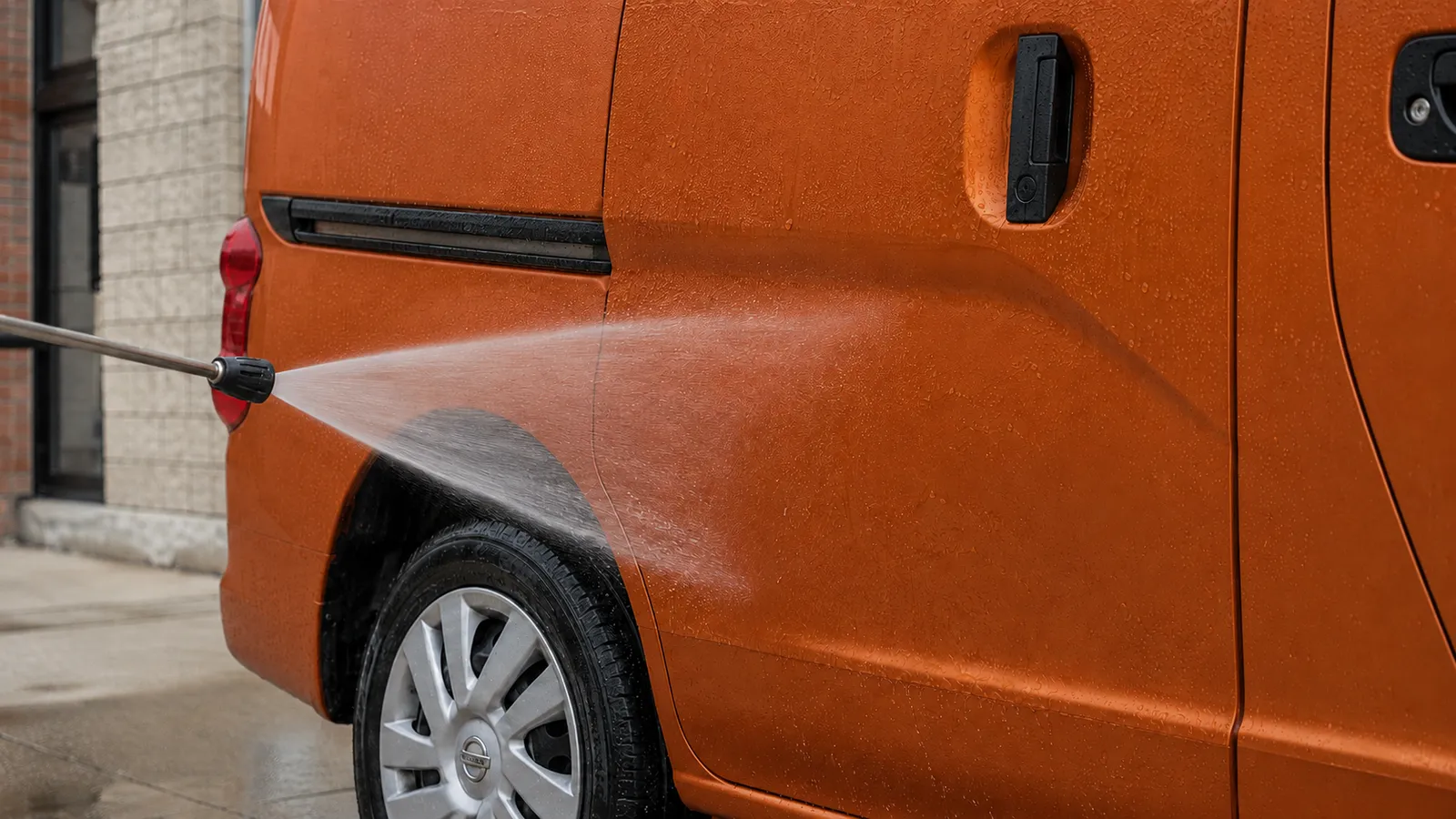 The side panel of an orange commercial van after a fleet detail