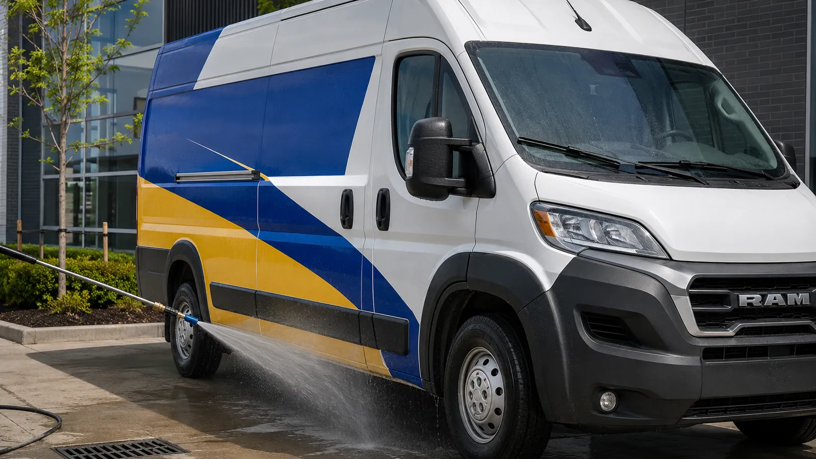 mobile fleet detailing — A liveried Ram van being rinsed during a fleet detailing visit
