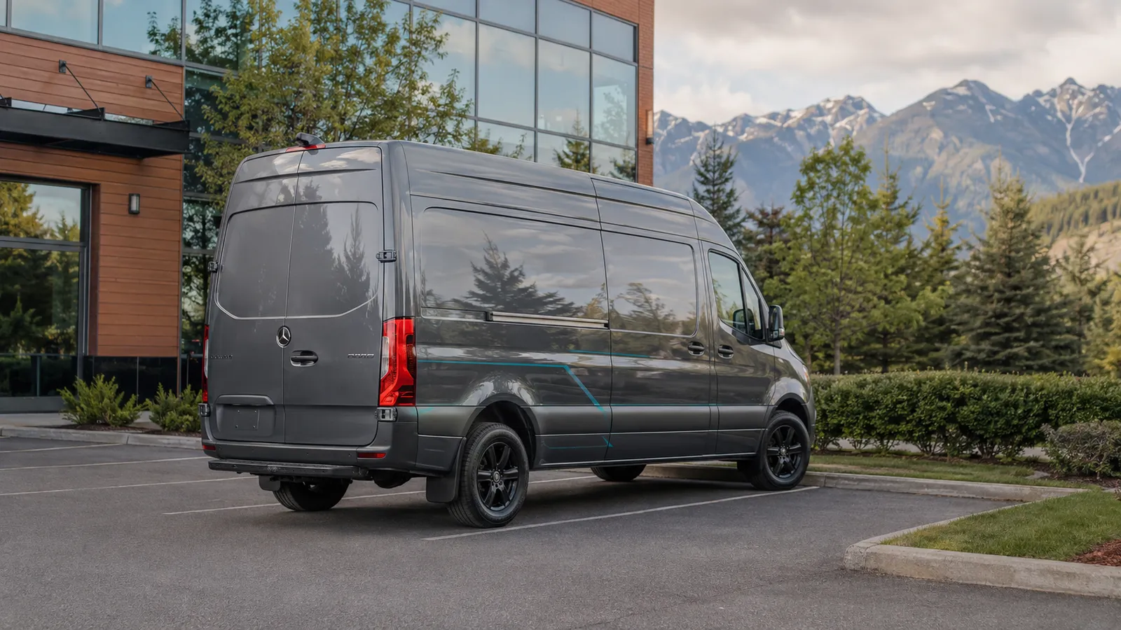 A silver commercial van cleaned and parked outdoors