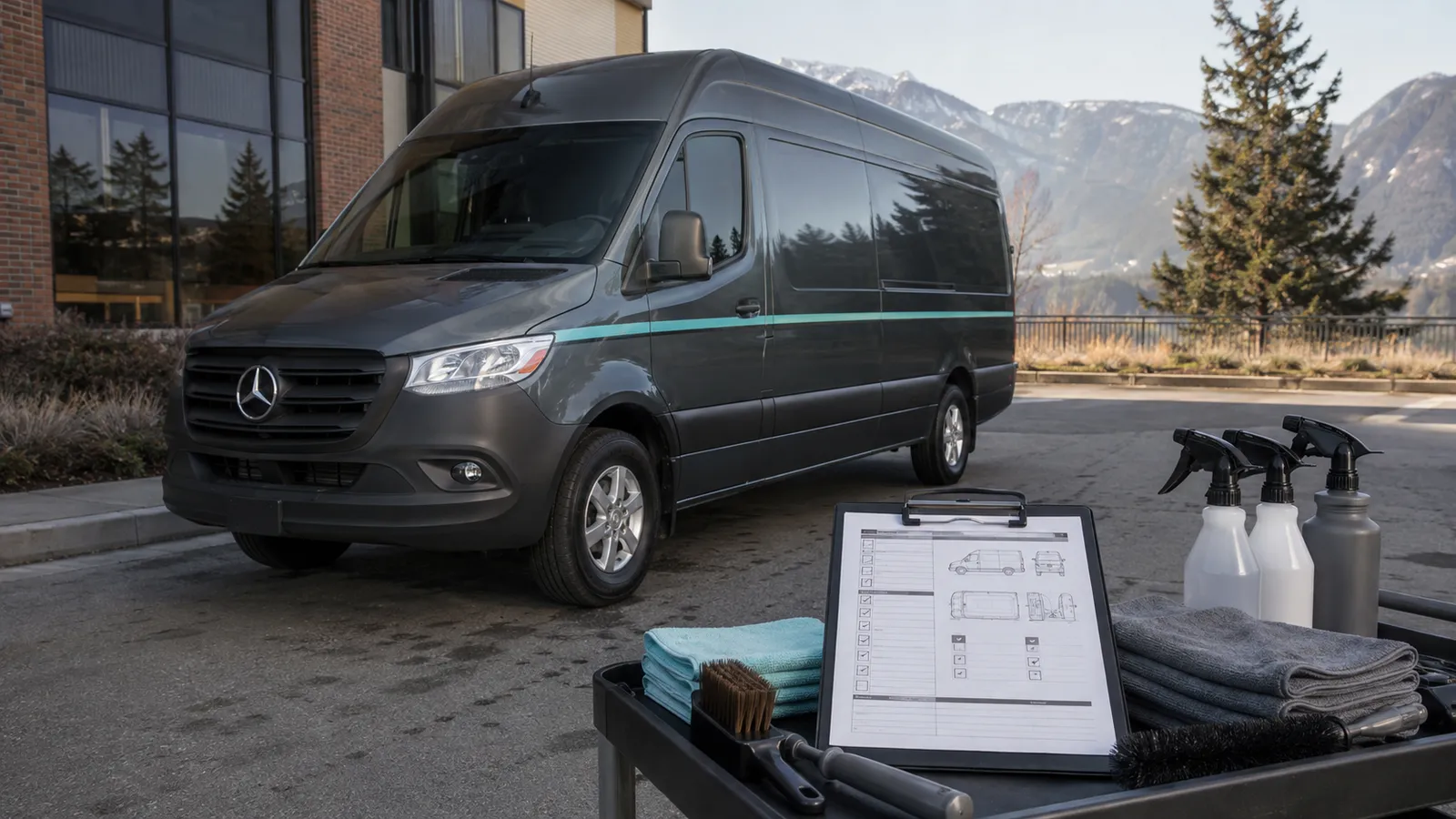 A Mercedes Sprinter van beside a fleet specification checklist and products