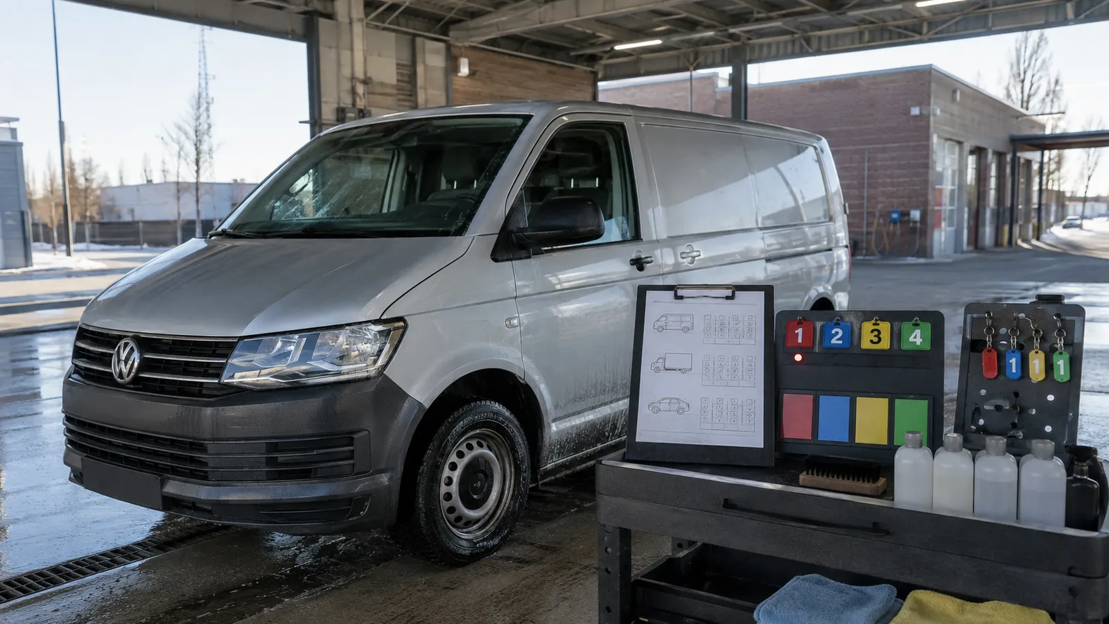 The equipment rack inside an Express Mobile Detailing service van