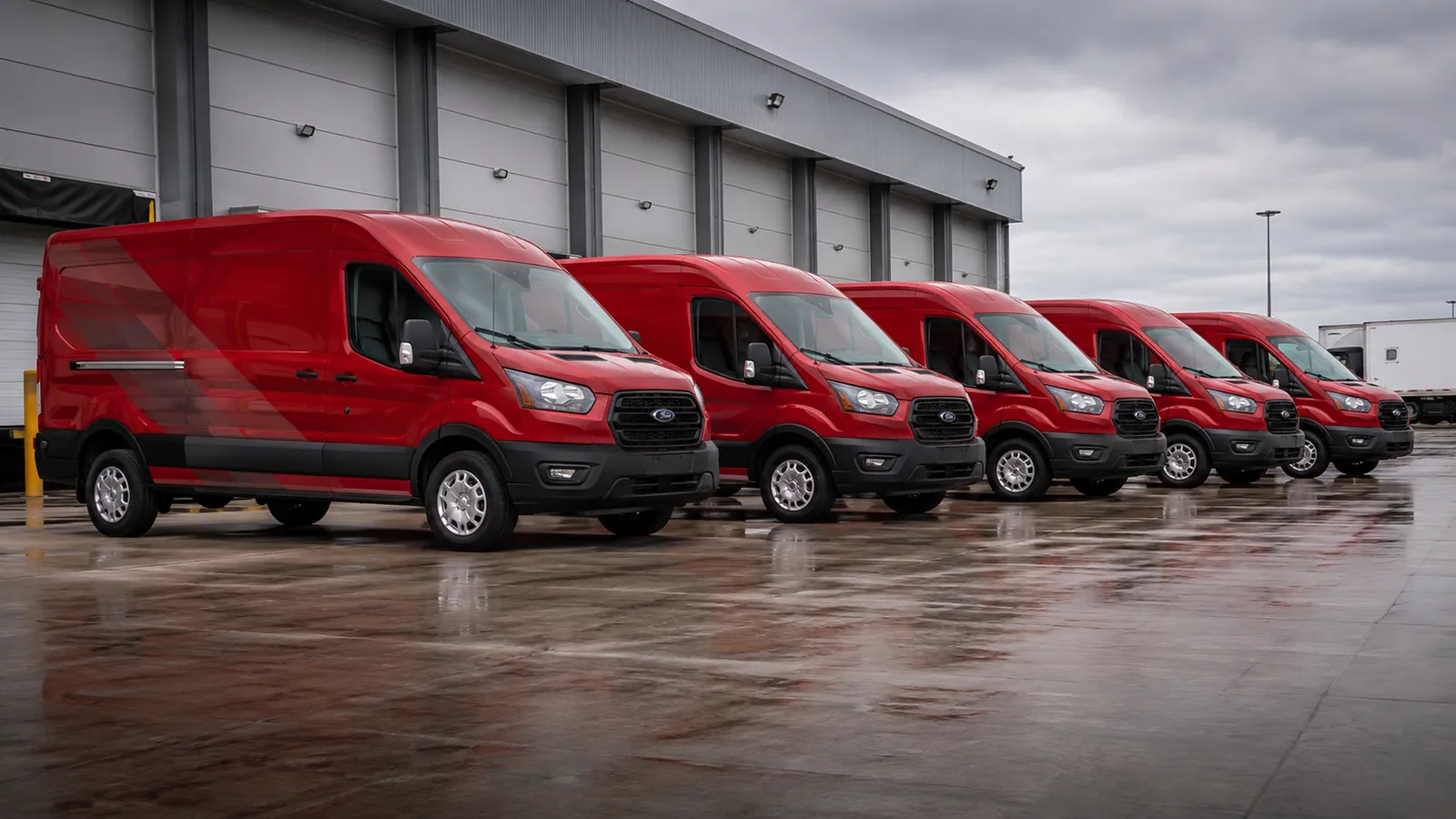 A row of red fleet vans lined up outside a depot